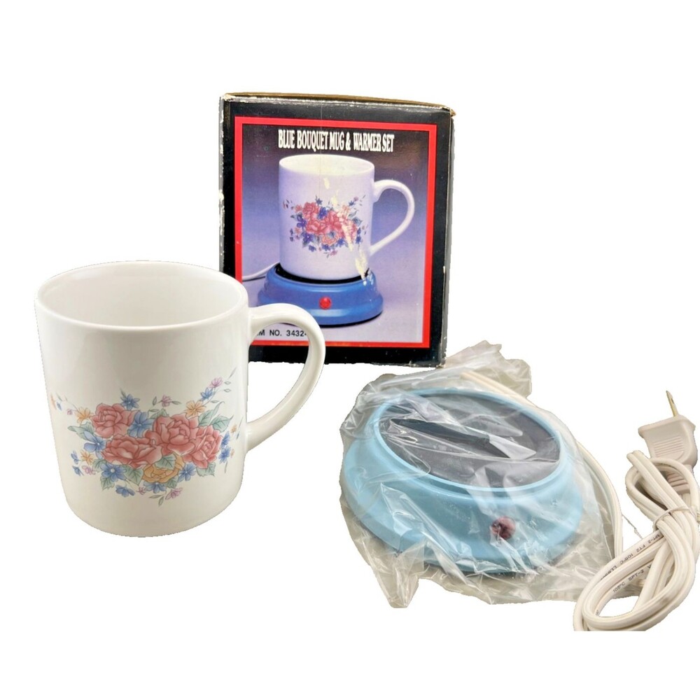 Vtg Blue Bouquet Ceramic Mug & Warmer Set Floral Cottagecore Granny Deadstock